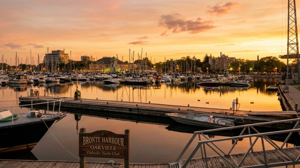 Sailboats at Bronte Harbour Marina in Oakville during sunset over Lake Ontario.