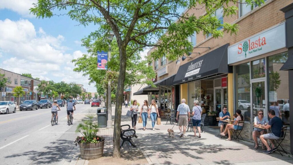 Street view of Kerr Village in Oakville with local cafés, shops, and pedestrians.