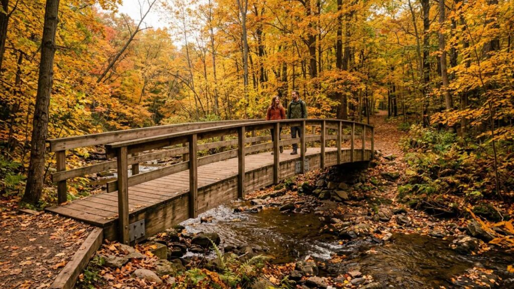 Wooden bridge along a forest trail at Lions Valley Park in Oakville Ontario during autumn.