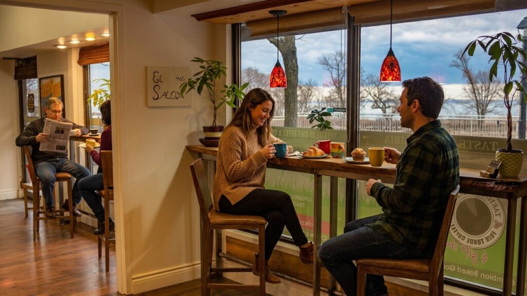 People enjoying coffee and pastries inside a local café in Oakville Ontario.