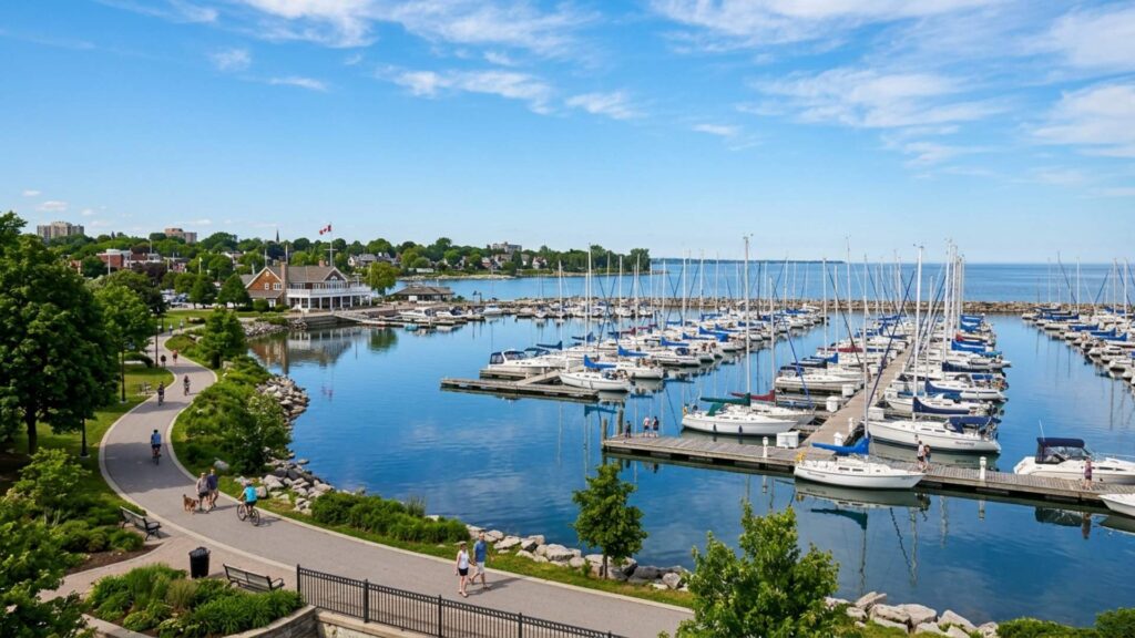 Oakville Harbour marina with sailboats and waterfront walking path along Lake Ontario