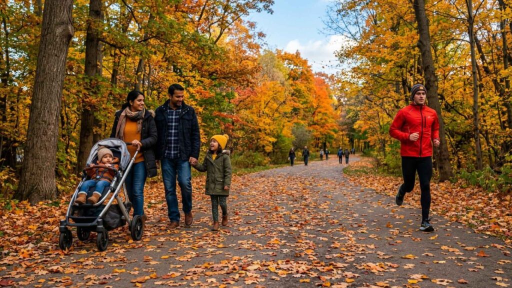 Walking trail and green park landscape at Shell Park in Oakville Ontario.