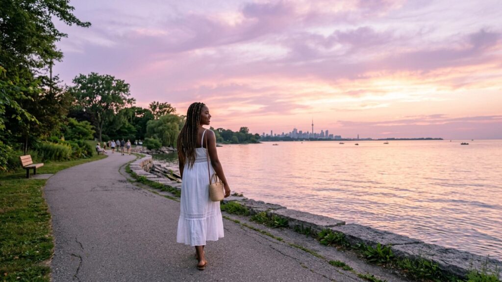 Waterfront view from Tannery Park in Oakville overlooking Lake Ontario at sunset.