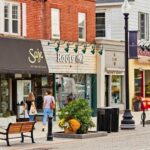 Downtown Oakville streets with boutique shops and pedestrians walking along Lakeshore Road