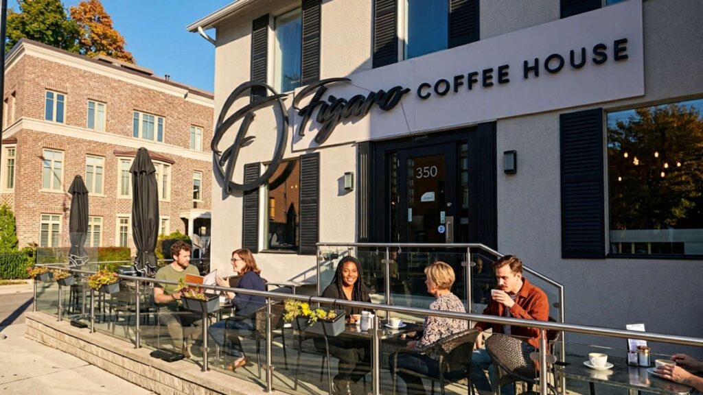 Outdoor patio seating at Figaro Coffee House in Oakville Ontario