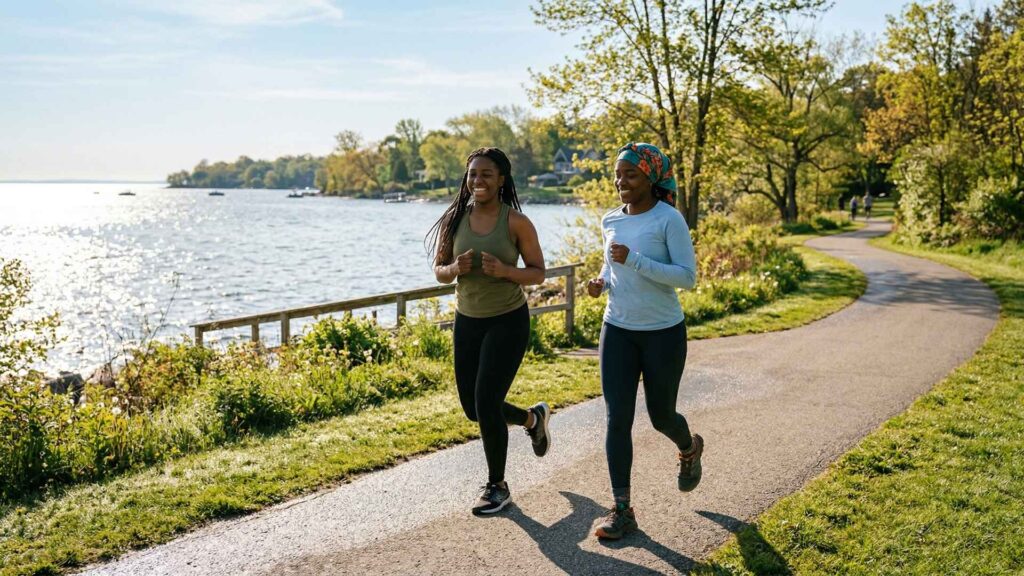 people jogging along waterfront trail supporting oakville wellness lifestyle