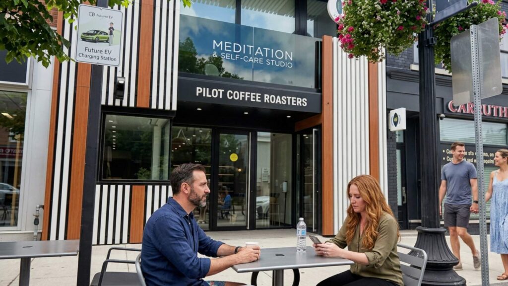 Pilot Coffee Roasters café storefront in Oakville with customers sitting outside